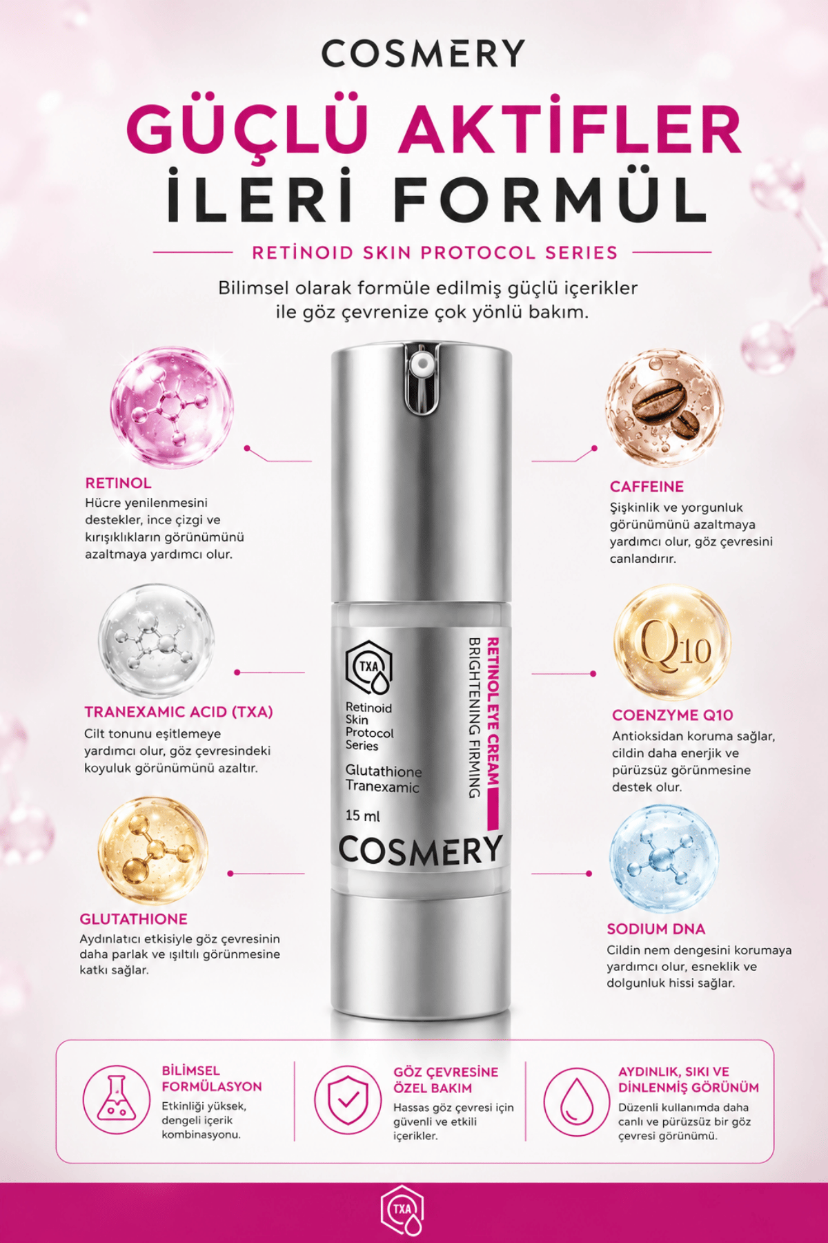 Retinol Eye Cream, Göz Çevresi Kırışıklık, Kaz Ayağı ve Aydınlatma İçin Bakım Kremi 15 ML
