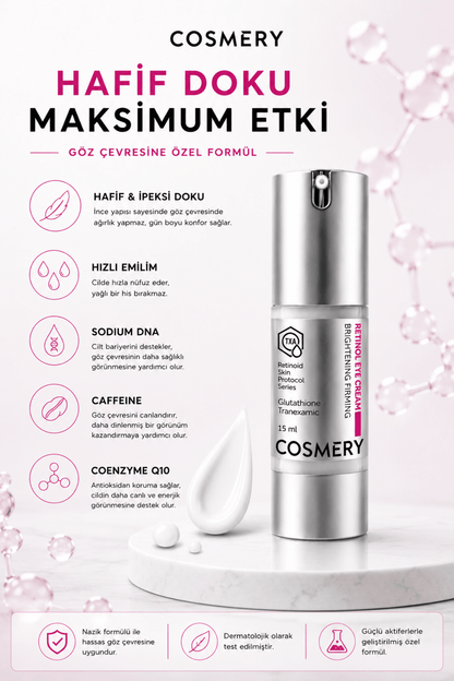 Retinol Eye Cream, Göz Çevresi Kırışıklık, Kaz Ayağı ve Aydınlatma İçin Bakım Kremi 15 ML