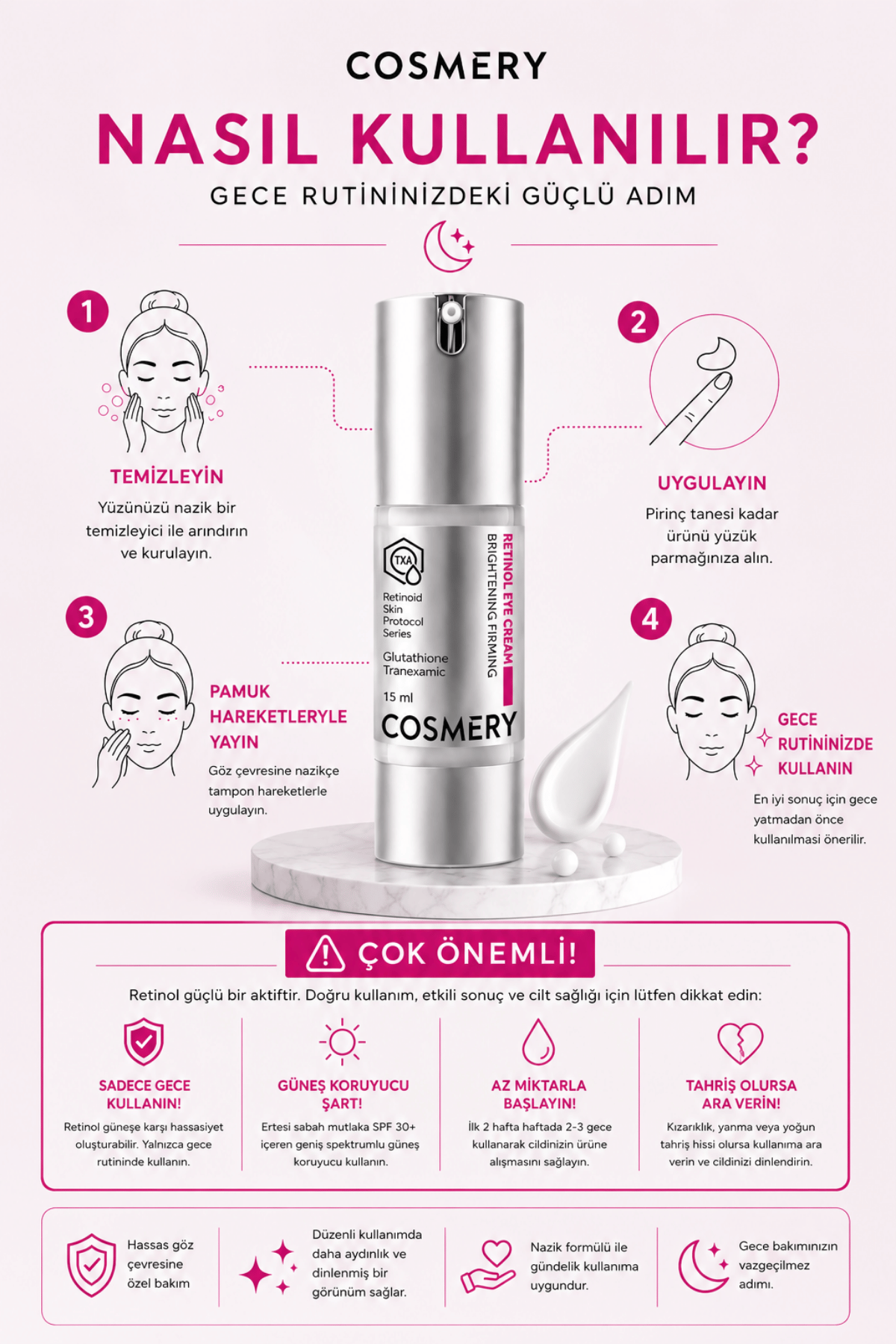 Retinol Eye Cream, Göz Çevresi Kırışıklık, Kaz Ayağı ve Aydınlatma İçin Bakım Kremi 15 ML