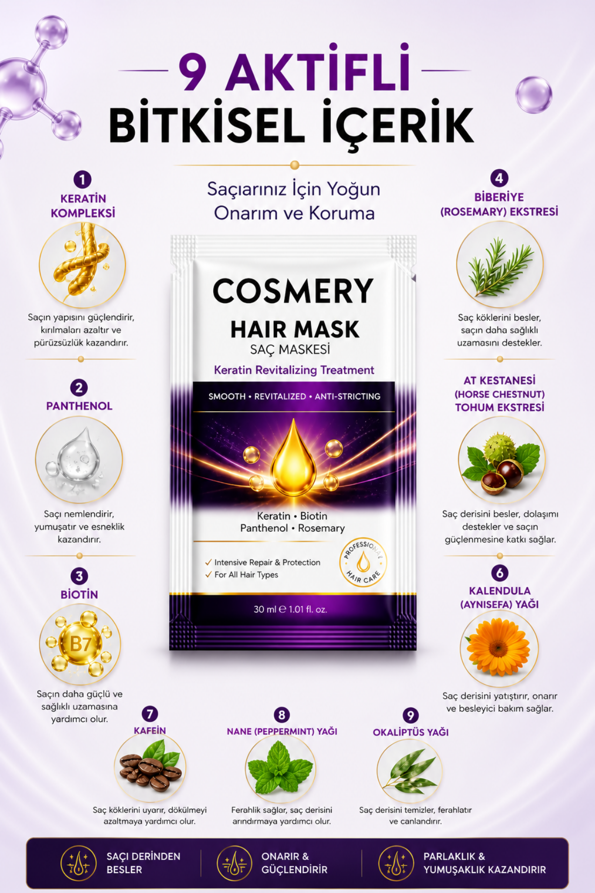 Keratinli Saç Maskesi, 30 ML